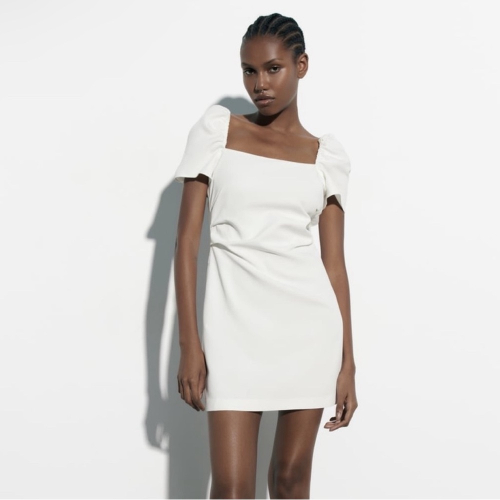 Zara White Linen Blended Short Dress - Small